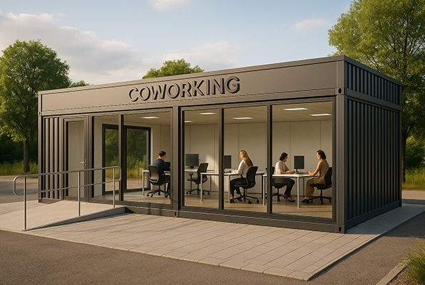 Coworkingový kontajner: flexibilná modulárna kancelária – rýchle sprevádzkovanie a škálovanie Modulárny coworkingový kontajner – presklená mobilná kancelária s bezbariérovým vstupom, pripravená na rýchlu inštaláciu