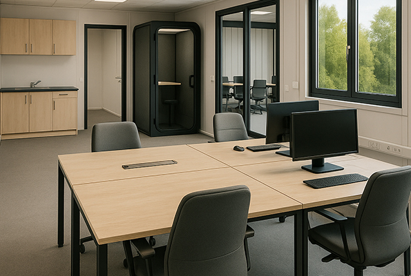 Vybavený open-space v module: pripojenie, komfort, hotovo za pár týždňov Open-space v kontajnerovej kancelárii – ergonomické stoly, dátová infraštruktúra a tichá telefónna búdka