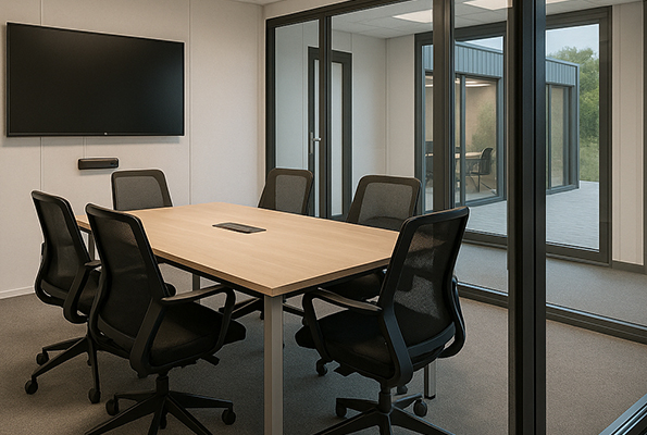 Profesionálne jednanie v modulárnej zasadačke – obrazovka, konektivita, súkromie Zasadacia miestnosť v kontajnerovom coworkingu – stôl pre tím, AV technika a presklené steny