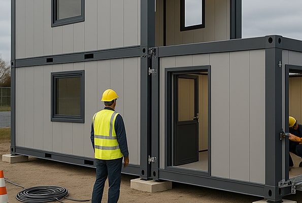 Ako spojiť kontajnery vedľa seba pre open-space Horizontálne napojenie dvoch kontajnerov – demontované bočné panely a príprava pre väčší otvorený priestor