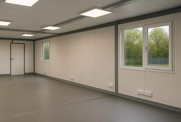 Výsledok spojenia: čistý open-space z kontajnerov pripravený pre kancelárie alebo učebne Interiér spojených kontajnerov – veľká svetlá miestnosť s oknami, rozvody v parapetných lištách