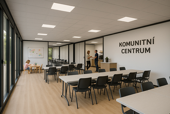Viacúčelová sála z unimobuniek pre akcie a stretnutia Viacúčelová sála komunitného centra z unimobuniek – variabilné rozvrhnutie stolov, detský kútik a zázemie pre občerstvenie.