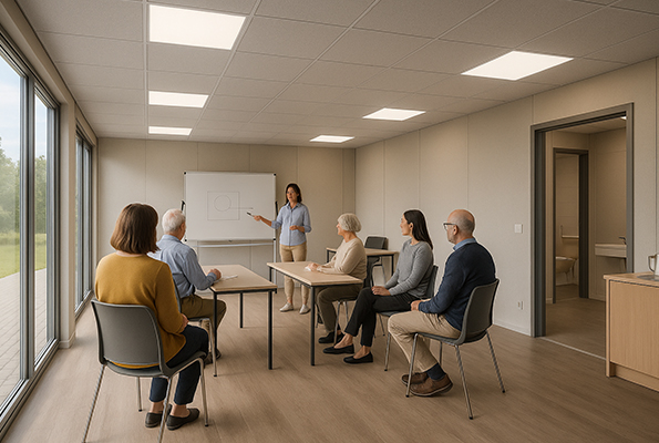Učebňa v modulárnom komunitnom centre z kontajnerov Školiaca miestnosť v modulárnom komunitnom centre – lektorka vedie kurz, pohodlné sedenie, veľké okná a blízke sanitárne zázemie.