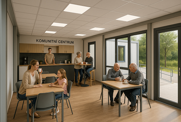 Komunitné centrum z kontajnerov: kaviarenský kútik a posedenie Spoločenská miestnosť komunitného centra z obytných kontajnerov s kaviarenským kútikom - stretnutie seniorov, rodičov a detí.