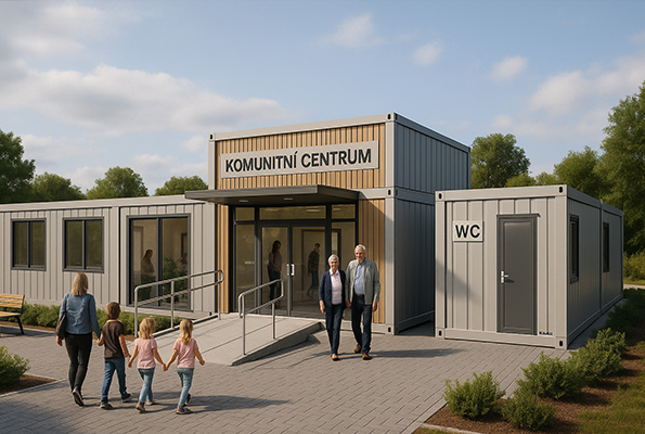 Komunitné centrum z kontajnerov – rýchle riešenie pre obce Vonkajší pohľad na komunitné centrum z obytných kontajnerov s bezbariérovým vstupom, rampou a samostatným WC modulom - riešenie pre obce.