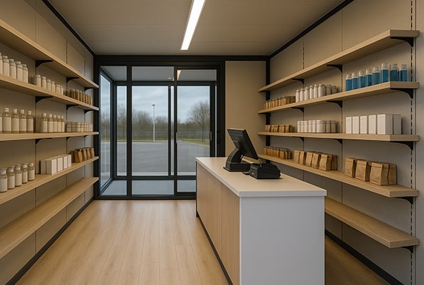 Modulárny obchodný kontajner – vybavený interiér pripravený na predaj. Interiér kontajnerovej predajne - police, pokladničný pult a presklený vstup.