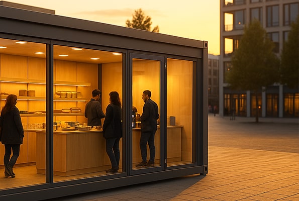 Presklený predajný kontajner - atraktívny pop-up retail. Celopresklený pop-up obchod v kontajneri pri západe slnka – zákazníci pri pulte.