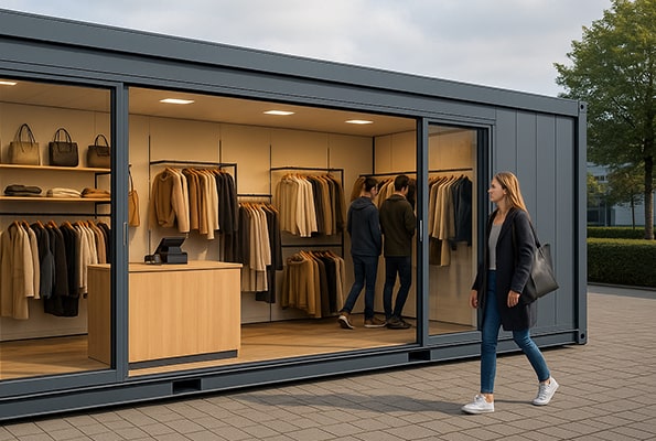 Predajný kontajner pre módu - mobilný butik. Kontajnerový butik s posuvnou presklenou stenou - vystavené odevy a pokladňa.