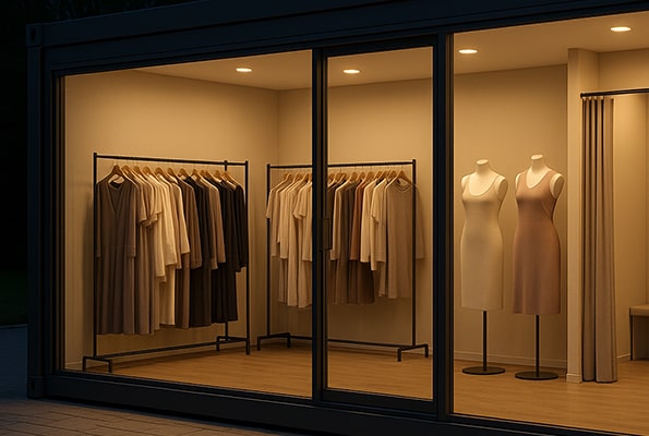 Štýlový interiér predajného kontajnera - butik pripravený na otvorenie. Interiér kontajnerového butiku - stojany s odevmi, figuríny a skúšobný kút.