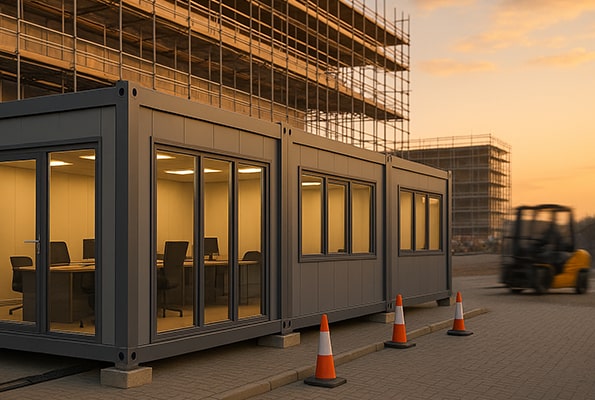 Presklený kontajner ako vrátnica aj kancelária - doprava, montáž a servis v rámci prenájmu. Presklená modulárna vrátnica a kancelária na stavbe, večerná prevádzka a bezpečná kontrola prístupu.