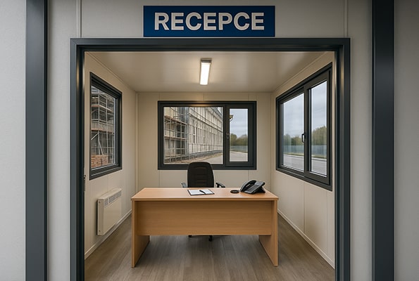 Vybavená kontajnerová recepcia: pripravené na ostrahu počas rekonštrukcie. Interiér kontajnerovej recepcie/vrátnice s pracovným stolom a telefónom – zázemie pre stráženie a návštevy.