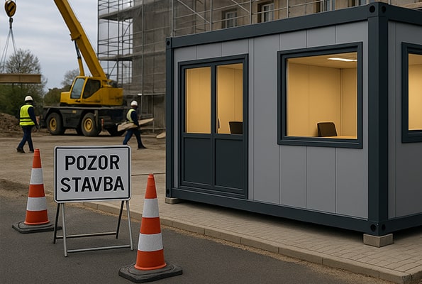 Vrátnica z kontajnera pri vjazde: kontrola vstupu a bezpečnosť na stavenisku. Kontajnerová vrátnica pri vjazde na stavbu, kužele a značenie Pozor stavba; prebiehajúce žeriavové práce