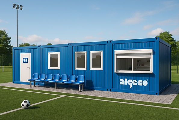 Športový kontajner s lavičkou a okienkom – modulové zázemie pre športoviská