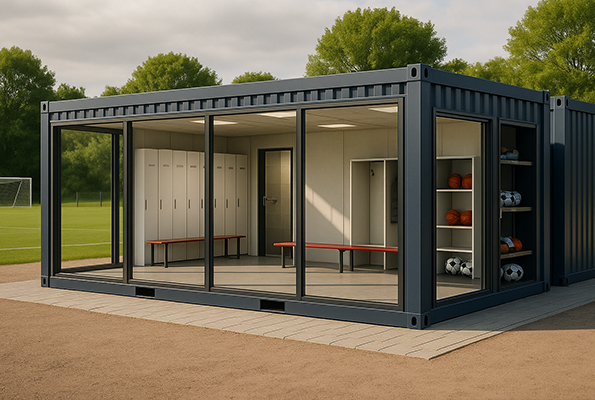 Kontajnerová športová šatňa s lavicami, skrinkami a loptami