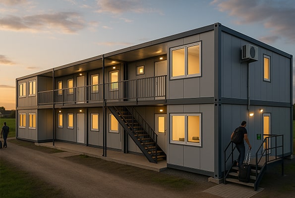 Modulárna ubytovňa z dvoch podlaží - škálovateľné ubytovanie v kontajneroch. Dvojpodlažná ubytovacia zostava z obytných kontajnerov so schodiskom - kapacitný nocľah pre sezónnych pracovníkov.