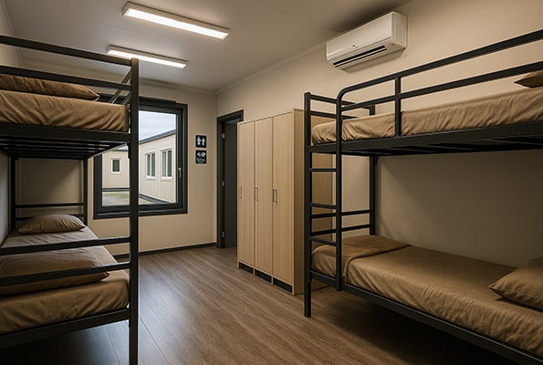 Komfortná ubytovacia bunka: poschodové postele a klimatizácia pre sezónnych pracovníkov. Viaclôžková izba v bytovom kontajneri - poschodové postele, skrine a klimatizácia pre pracovné tímy.