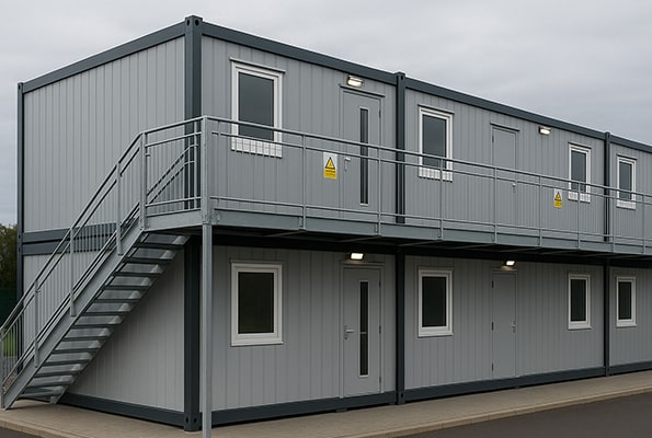 Ubytovací modulárny komplex – rýchla montáž, prenájom aj predaj. Dvojpodlažné obytné kontajnery s vonkajším schodiskom - rýchlo postavené sezónne ubytovanie.