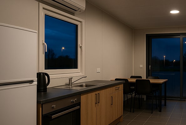 Spoločná kuchynka v ubytovacích kontajneroch - rýchle a úsporné zázemie pre sezónnych pracovníkov. Kuchynka v bytovom kontajneri pre sezónnych pracovníkov – drez, varná doska, chladnička a jedálenský kút.