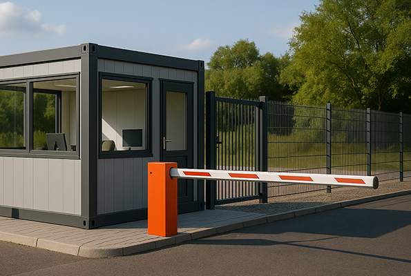 Kontajnerová vrátnica - rýchle riešenie pre kontrolu vjazdu Moderná kontajnerová vrátnica pri bráne areálu so sklolaminátovou závorou - rýchla inštalácia a inteligentné riadenie vjazdu