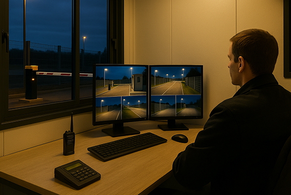 Monitoring a kontrola vstupu z kontajnerovej vrátnice Pracovisko stráženia vo vrátnici z kontajnera – obsluha CCTV na dvoch monitoroch a riadenie prístupu v nočnej prevádzke