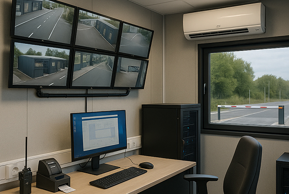 Technicky vybavená vrátnica: CCTV, klimatizácia, server Interiér kontajnerovej vrátnice s klimatizáciou, serverovou skriňou a stenou CCTV – komfortný dohľad nad vjazdom